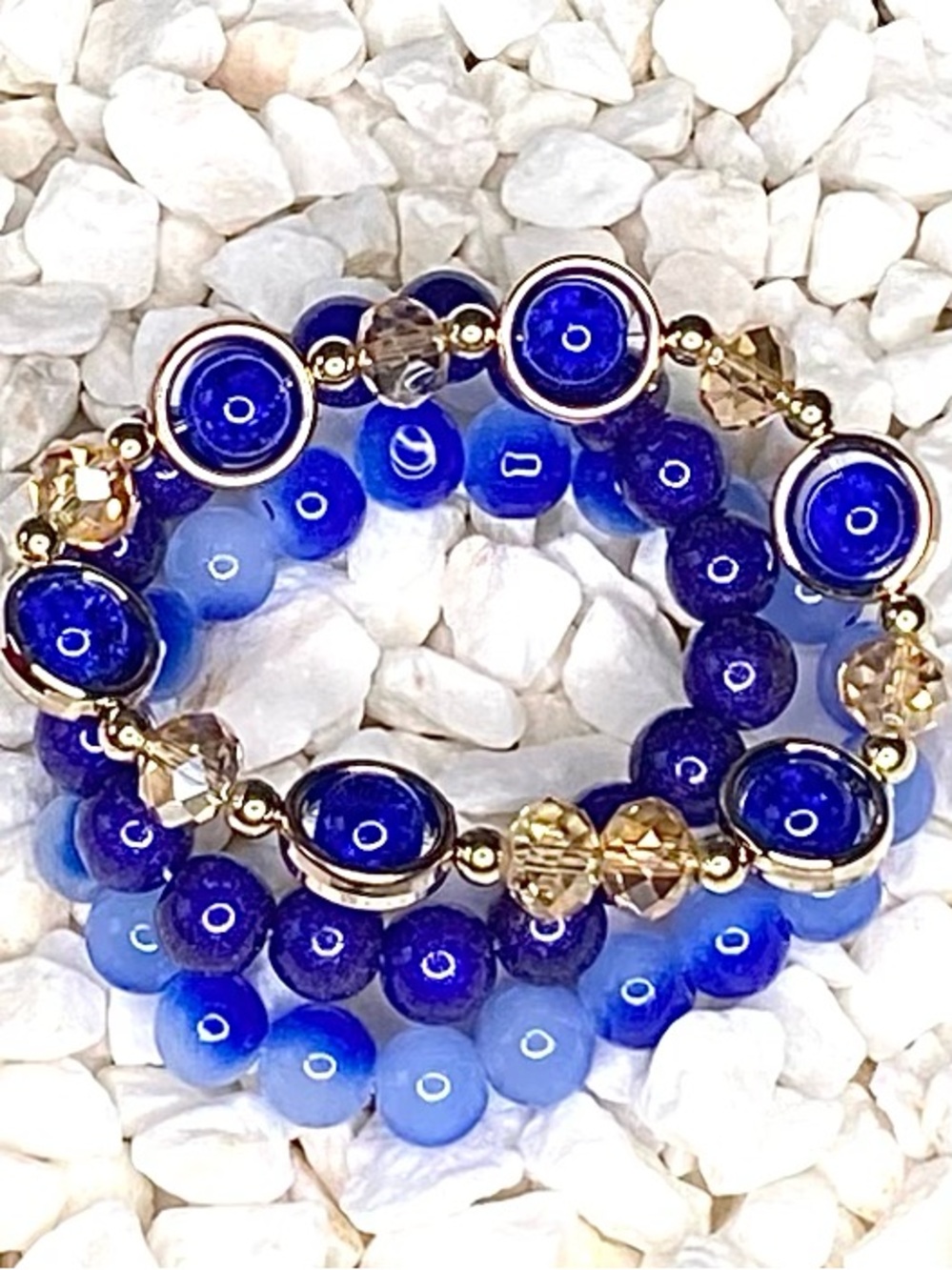 Gold Accent Blue Beaded Stretch Bracelet Set